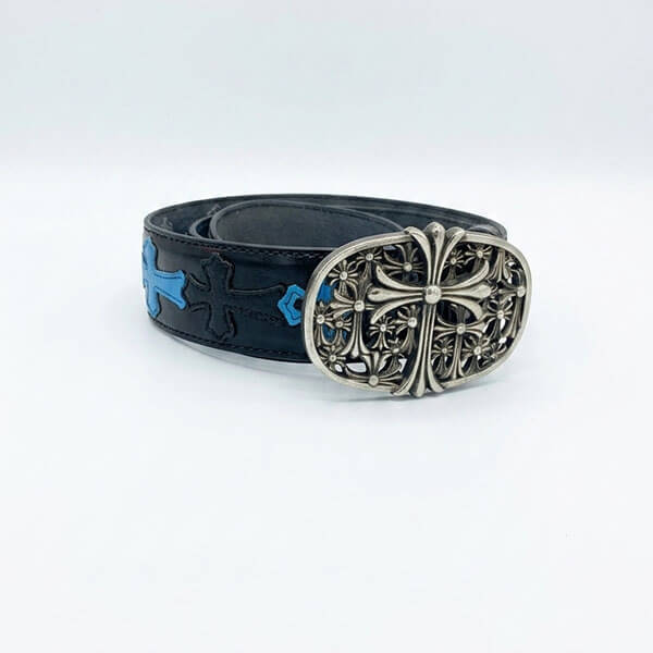 chrome-hearts-style-gothic-cross-black-leather-belt-blue-black-j1 کمربند چرمی مشکی طرح صلیب مشکی و آبی کروم هارتس Chrome Hearts Belt - تصویر 1
