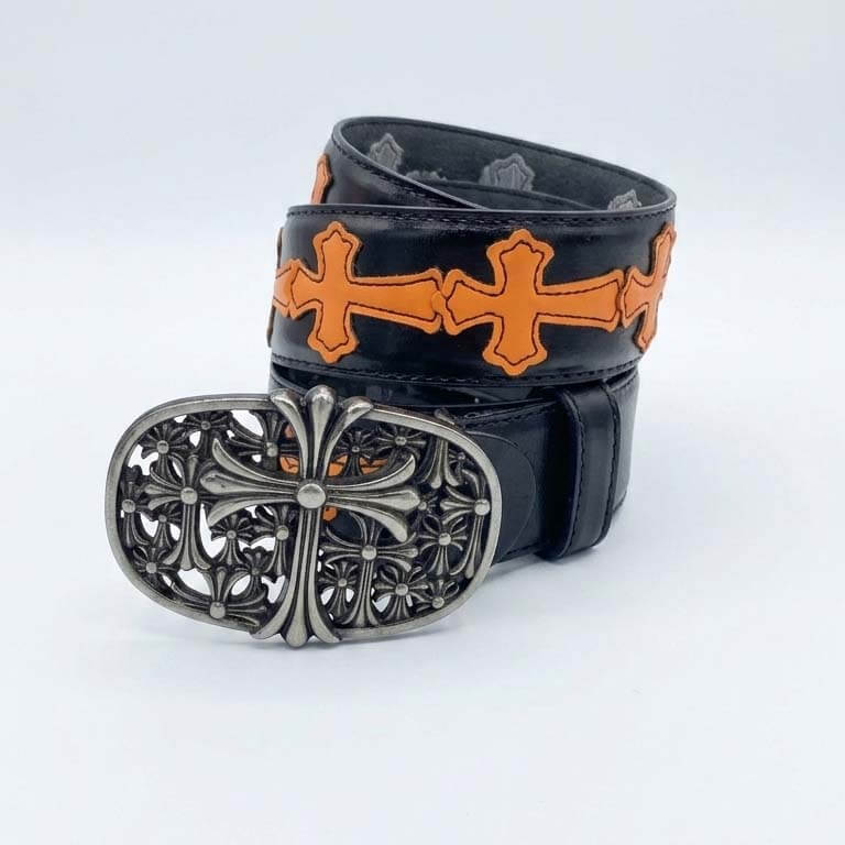 chrome-hearts-style-gothic-cross-black-orange-leather-belt-j1 کمربند چرمی مشکی طرح صلیب نارنجی کروم هارتس Chrome Hearts Leather Belt - تصویر 1