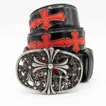 کمربند چرمی مشکی طرح صلیب قرمز کروم هارتس Chrome Hearts Red Leather Belt