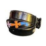 کمربند چرمی مشکی چند رنگ طرح صلیب کروم هارتس Chrome Hearts Leather Belt