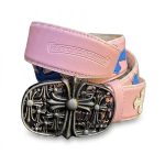 کمربند چرمی صورتی طرح صلیب آبی و سفید کروم هارتس Chrome Hearts Pink Leather Belt