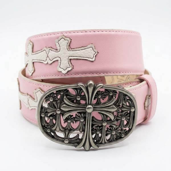 chrome-hearts-style-gothic-cross-pink-white-leather-belt-j1 کمربند چرمی صورتی طرح صلیب سفید کروم هارتس Chrome Hearts White Leather Belt - تصویر 1
