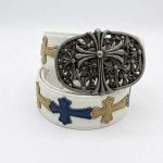 کمربند چرمی سفید طرح صلیب کرم و سورمه ای کروم هارتس Chrome Hearts Navy blue Leather Belt - تصویر 3